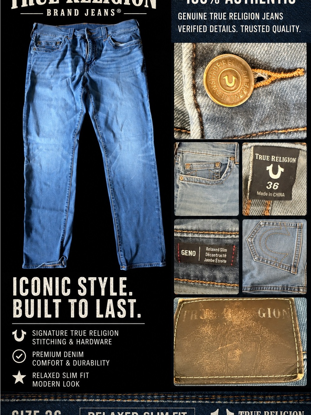 TRUE RELIGION GENO RELAXED SLIM JEANS – SIZE 36x32 – LIGHT WASH PREMIUM DENIM